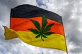 独ベルリンで行われた大麻合法化を求めるデモ行進で掲げられた、国旗に大麻の葉の絵を重ねた旗（2019年8月10日撮影）。(c)John MACDOUGALL / AFP