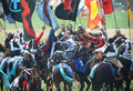 福島県の伝統祭り「相馬野馬追」は29日に2日目を迎え、東日本大震災の影響で前年は見送られていた主行事の甲冑（かっちゅう）競馬と神旗争奪戦が南相馬市で行われた。1000年にわたり続く祭りにはこの日、数万人が訪れ、約400騎が繰り広げる勇壮な伝統行事を楽しんだ。

写真は神旗争奪戦で、黄色い旗（写真外）を奪い合う騎馬武者たち（2012年7月29日撮影）。(c)AFP/Toru YAMANAKA