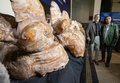 ペルー・リマの自然史博物館で公開されたクジラの仲間「Perucetus colossus」の化石とマリオ・ウルビナ氏（左、2023年8月2日撮影）。(c)Cris BOURONCLE / AFP