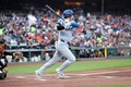 24MLB、サンフランシスコ・ジャイアンツ対ロサンゼルス・ドジャース。1回に安打を放つロサンゼルス・ドジャースの大谷翔平（2024年5月13日撮影）。(c)Ezra Shaw/Getty Images/AFP