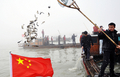 中国東部・江蘇（Jiangsu）省蘇州（Suzhou）の太湖（Taihu Lake）で、産業排水などのせいで大量発生した藻を除去するために放流される魚（2009年2月18日撮影）。(c)AFP