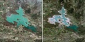 フランス南部モンベル湖の水位が下がる前（左、2023年2月17日撮影）と後（同3月5日撮影）の比較。エアバス・ディフェンス・アンド・スペース提供（2023年3月7日提供）。(c)AFP PHOTO / AIRBUS DEFENCE AND SPACE / PLEIADES / PLEIADES NEO