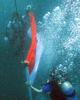 インドネシアの64回目の独立記念日に、北スラウェシ州（North Sulawesi）のマナド（Manado）でギネス世界新記録（Guinness Book of World Records）達成に挑戦し、海中に国旗を立てるスキューバダイバーたち（2009年8月17日撮影）。(c)AFP/Sonny TUMBELAKA