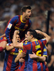10-11スペイン1部リーグ第32節、レアル・マドリード（Real Madrid）対FCバルセロナ（FC Barcelona）。リオネル・メッシ（Lionel Messi）の得点に歓喜するバルセロナの選手（2011年4月16日撮影）。(c)AFP/PEDRO ARMESTRE