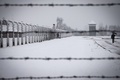 雪に包まれたポーランド・オシフィエンチム（Oswiecim）にあるナチス・ドイツ（Nazi）のアウシュビッツ・ビルケナウ（Auschwitz-Birkenau）強制収容所の入り口（2015年1月25日撮影）。(c)AFP/JOEL SAGET