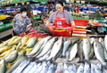 江蘇省連雲港市海棠路の農産品市場で魚介類を選ぶ市民（2020年7月9日撮影）。(c)Xinhua News