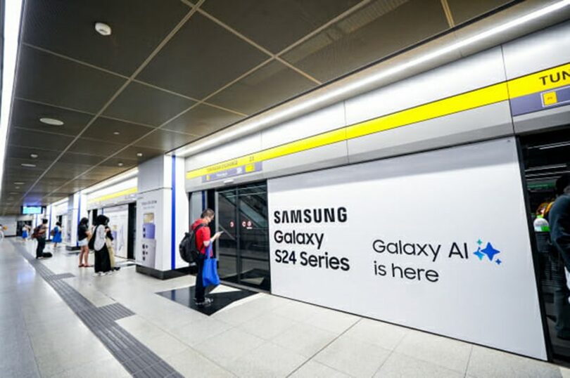 「Galaxy S24」と「Galaxy AI」のイメージでラッピングされたクアラルンプールの「TRX Samsung Galaxy Station 」＝サムスン電子(c)KOREA WAVE