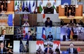 オーストラリア・キャンベラで、20か国・地域（G20）首脳テレビ会議の画面に映った同国のスコット・モリソン首相（右上、2020年3月25日撮影）。(c)Gary Ramage / POOL / AFP