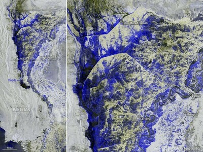 パキスタン洪水、雨量は平年の10倍 インダス川が「湖」に