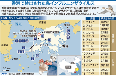 【図解】香港の鳥インフルエンザウイルス検出地点