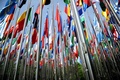 インドネシア・バリ島のヌサドゥアで開かれたインタポール年次総会で掲げられた出席国の旗（2016年11月7日撮影）。(c)AFP/SONNY TUMBELAKA