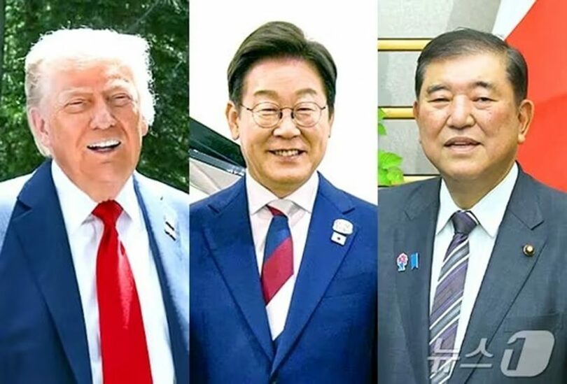 （右から）石破首相、イ・ジェミョン大統領、トランプ大統領(c)news1