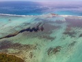 モーリシャスの上空から撮影した、貨物船わかしおから漏出した燃料が広がる海面（2020年8月6日撮影）。(c)AFP