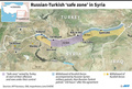 ロシアとトルコが、クルド人勢力の撤退対象地域として合意したシリア北東部の「安全地帯」を示した図。紫はトルコが作戦開始時に掌握し支配下に置いた地域。青はクルド人撤退とロシア軍部隊などによる巡視の対象地域。黄色はクルド人撤退の対象地域。(c)SOPHIE RAMIS, GAL ROMA, PATRICIO ARANA / AFP