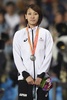 第17回アジア競技大会（17th Asian Games、Asiad）陸上女子100メートル決勝。表彰式に臨む福島千里（Chisato Fukushima、2014年9月28日撮影）。(c)AFP/PHILIPPE LOPEZ