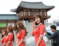 韓国・霊岩（Yeongam）で行われた、12F1第16戦韓国GP（Korean Grand Prix 2012）のレースクイーンたち（2012年10月14日撮影）。(c)AFP/ROSLAN RAHMAN