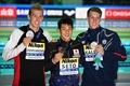 第18回世界水泳選手権、競泳男子200メートル個人メドレー決勝。表彰式に臨む（左から）2位のジェレミー・デプランシュ、優勝した瀬戸大也、3位のチェイス・カリシュ（2019年7月25日撮影）。(c)Oli SCARFF / AFP