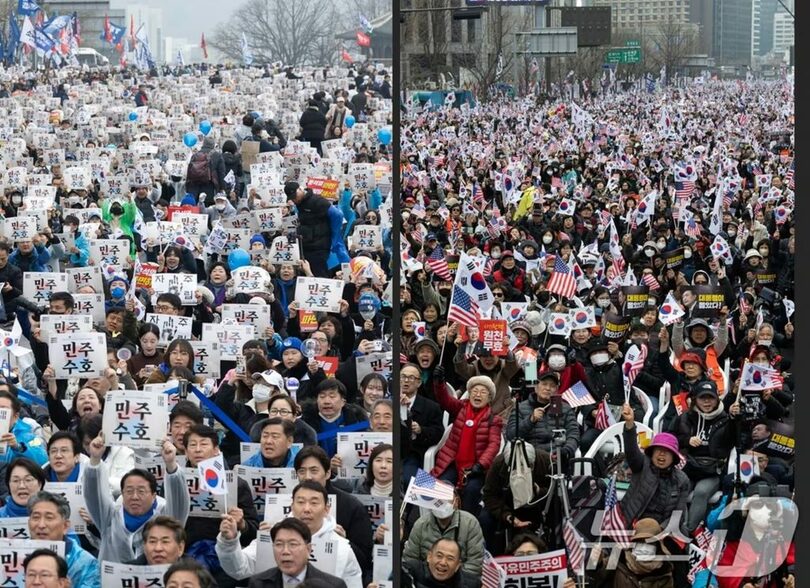 3月1日、ソウルで開かれたユン大統領の弾劾賛成（左）と反対（右）の集会(c)news1