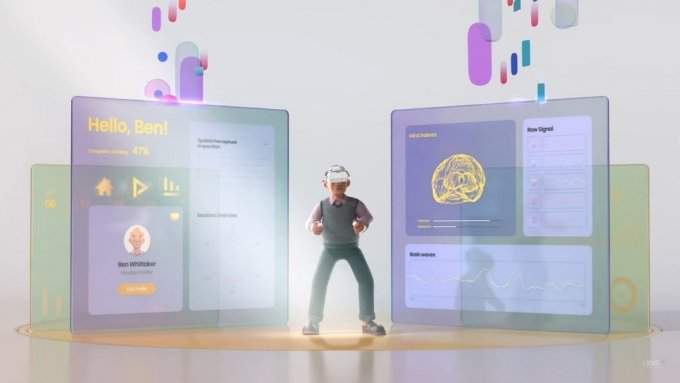Lucyを着用したまま脳認知能力を評価する姿（写真=Looxid Labs）