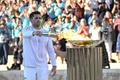 ギリシャ・アテネのパナシナイコ・スタジアムでパリ五輪の聖火点灯を行う水球男子ギリシャ代表の主将イオアニス・フォントゥリス（2024年4月26日撮影）。(c)Aris MESSINIS / AFP