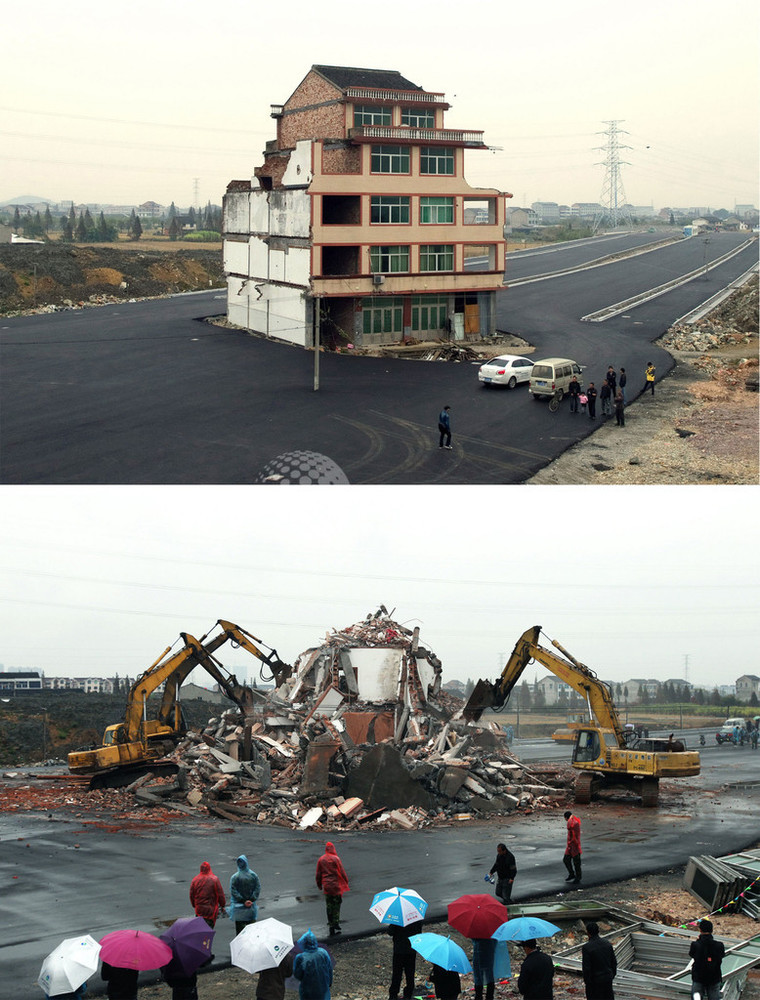 ネットで話題の「道路の真ん中に建つ家」、ついに解体 中国 写真7枚