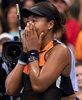 全米オープンテニス、女子シングルス3回戦。涙ぐみながら試合後のオンコートインタビューに臨む大坂なおみ（2019年8月31日撮影）。(c)Don Emmert / AFP