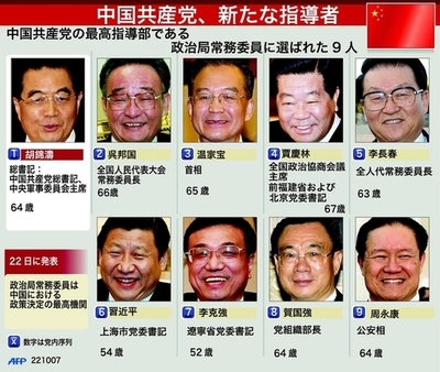 中国共産党、新政治局常務委員の顔ぶれ