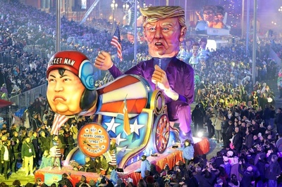 仏ニース・カーニバル開幕、トランプ氏と金正恩氏の「米朝宇宙計画」山車も