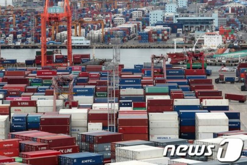 釜山港の神仙台埠頭と甘彎埠頭の野積場にコンテナが積まれている(c)news1