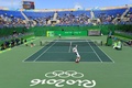 リオデジャネイロ五輪、テニス男子シングルス準々決勝の試合に臨むスティーブ・ジョンソン（奥）とアンディ・マレー（2016年8月12日撮影）。(c)AFP/Luis Acosta