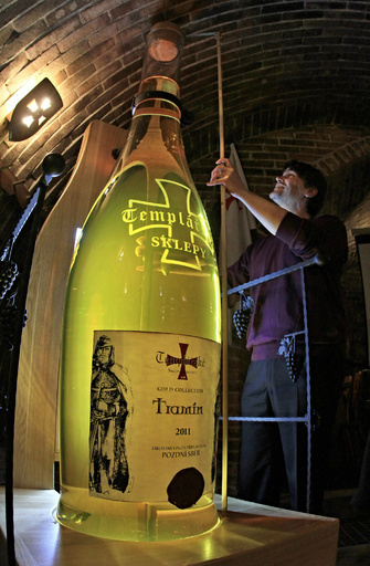 男性と背比べ、チェコの巨大ワインボトル