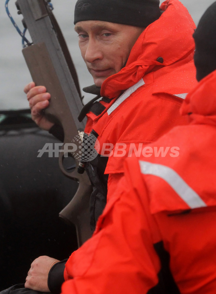 荒海でクジラ撃ちのプーチン首相、「人生は危険なもの」とうそぶく