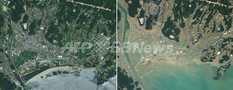 被災前後の衛星写真、津波の脅威あらわに