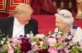 英ロンドンのバッキンガム宮殿で開かれた公式晩さん会で、英国のエリザベス女王（右）と笑顔を交わすドナルド・トランプ米大統領（2019年6月3日撮影）。(c)Dominic Lipinski / POOL / AFP