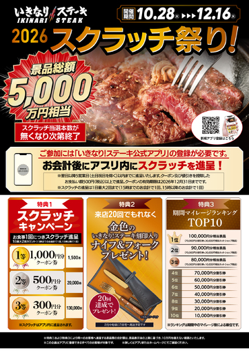 景品総額5,000万円！　いきなり！ステーキ公式アプリ会員限定「いきなり！スクラッチ祭り」開催