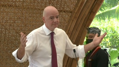 字幕：「W杯停戦を」 FIFA会長、G20で呼び掛け