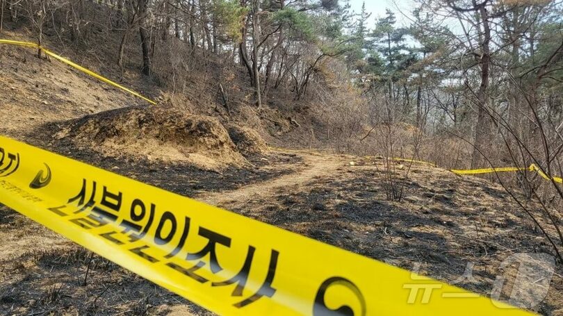 3月29日、慶尚北道義城郡の山火事発生地点に設置された立入禁止線。韓国警察は現場で証拠品とみられるライターを押収した(c)news1