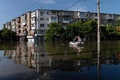 ウクライナ南部ヘルソンで、カホウカ水力発電所のダム決壊により冠水した地域からボートで住民を避難させるウクライナ治安当局の部隊（2023年6月7日撮影）。(c)ALEKSEY FILIPPOV / AFP
