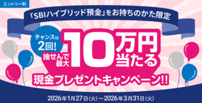 住信SBIネット銀行、「チャンスは２回！抽せんで最大10万円当たる現金プレゼントキャンペーン」実施のお知らせ