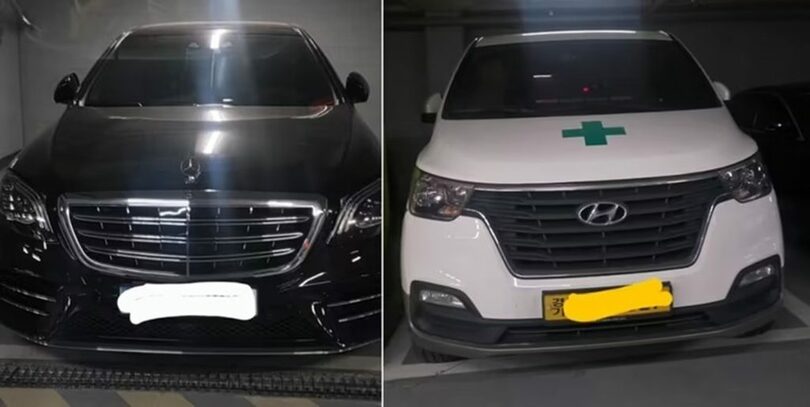 坡州地域のLH団地の駐車場に、外部車両とみられる高級車が並んでいる様子(c)news1