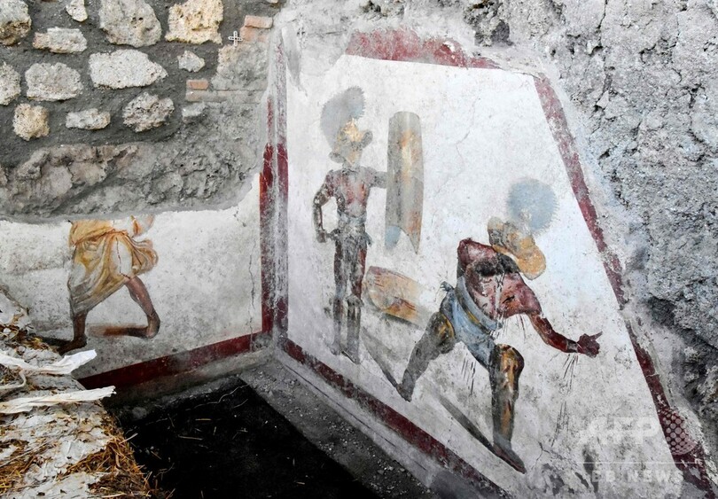 グラディエーター描いた鮮やかなフレスコ画、古代都市ポンぺイで発掘