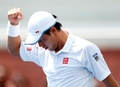 テニス、全米オープン（The US Open Tennis Championships 2014）男子シングルス1回戦。試合に勝利しガッツポーズを見せる錦織圭（Kei Nishikori、2014年8月26日撮影）。(c)AFP/Getty Images/Julian Finney