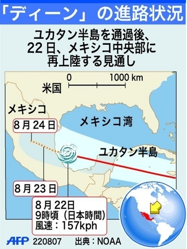 メキシコに再上陸するハリケーン「ディーン」の進路