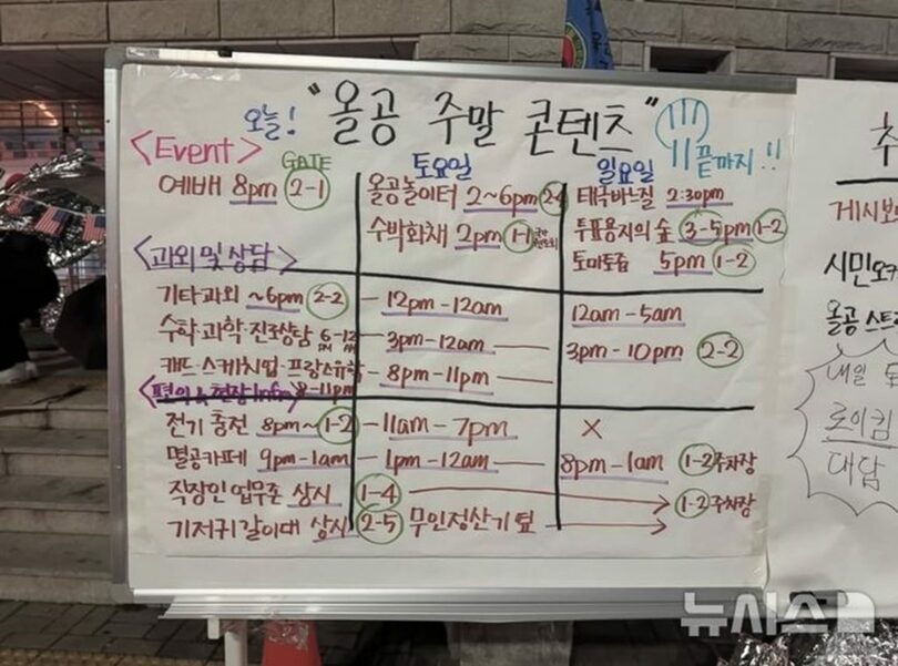 韓国・ソウル市松坡区のオリンピック公園ハンドボール競技場で続く封鎖デモの会場に設置された週末プログラムの案内板(c)NEWSIS