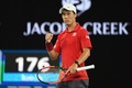 全豪オープンテニス、男子シングルス4回戦。ポイントを奪って喜ぶ錦織圭（2017年1月22日撮影）。(c)AFP/SAEED KHAN