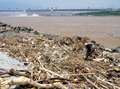 三峡ダム（Three Gorges Dam）に近い中国・湖北（Hubei）省の宜昌（Yichang）で、長江（揚子江、Yangtze）に蓄積したゴミを取り除く作業員。（2010年8月1日撮影）。(c)AFP