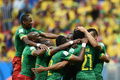 サッカーW杯ブラジル大会（2014 World Cup）グループA、ブラジル対カメルーン。ジョエル・マティプ（Joel Matip）が決めた同点ゴールに歓喜するカメルーンの選手（2014年6月23日撮影）。(c)AFP/VANDERLEI ALMEIDA