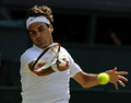 テニス、ウィンブルドン選手権（%%The Championships Wimbledon 2009%%）男子シングルス準決勝。大会第2シードのロジャー・フェデラー（%%Roger Federer%%、スイス）は、大会第24シードのトミー・ハース（%%Tommy Haas%%、ドイツ）と対戦。フェデラーは7-6、7-5、6-3のストレートでハースを退け、グランドスラム（4大大会）では通算20度目、ウィンブルドンでは7年連続となる決勝進出を果たした。写真はリターンショットを放つロジャー・フェデラー。（2009年7月3日撮影）(c)AFP/ADRIAN DENNIS