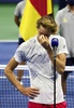 全米オープンテニス、男子シングルス決勝。スピーチで涙を流すアレクサンダー・ズベレフ（2020年9月13日撮影）。(c)AFP