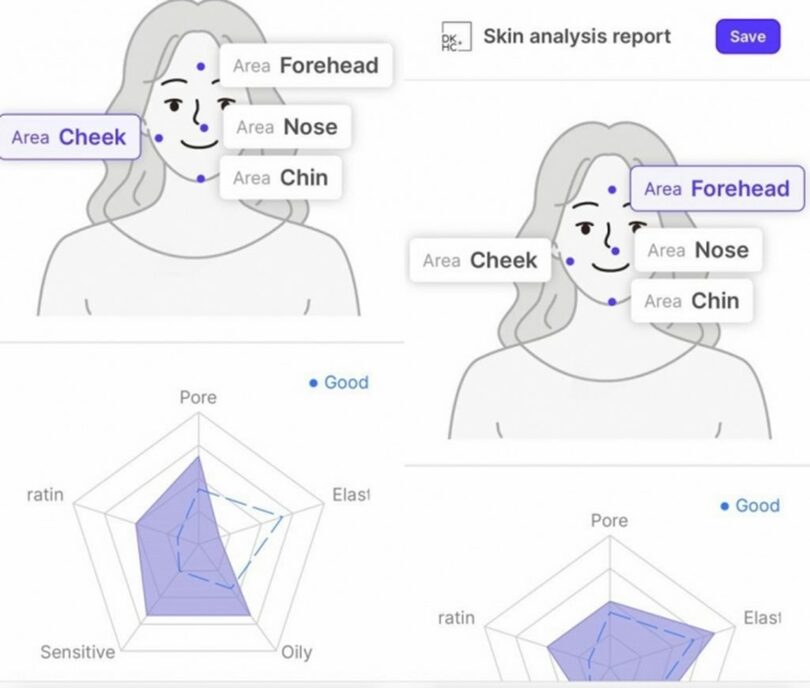 記者の顔の中の頬（左）、額（右）の肌の状態を測定した結果＝スキンフィットのホームページキャプチャー(c)MONEYTODAY